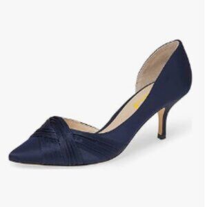 FSJ Navy Kitten Heel Pointed Toe Slip on Pumps D'Orsay Pleated Satin Office Shoe